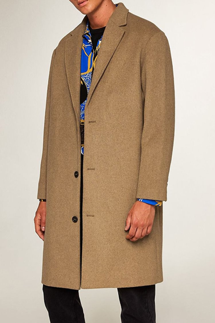 Tiboyz Fashion Men's Solid Color Casual Long Sleeve Woolen Coat