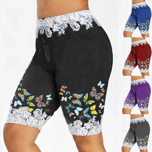 5 Colors Hot NEW Women's Fashion Plus Size Denim Leggings Summer Butterfly Printed Fitted Leggings Short Pants Plus Size S-5XL