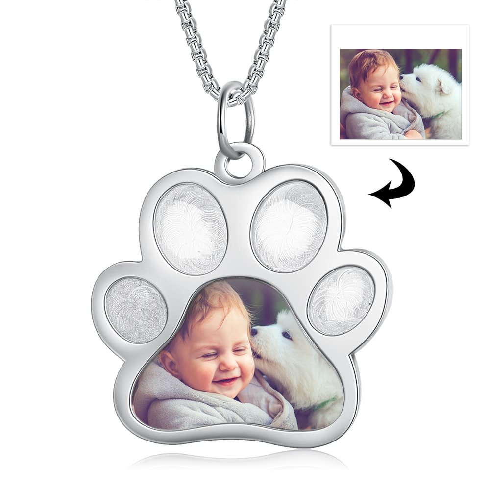 Engraved Picture Textured Paw Print Pet Pendant Necklace, Custom Necklace with Picture and Text