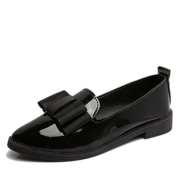 Women Bowtie Loafers Patent Leather Elegant Low Heels Slip On Flats Shoes-Corachic