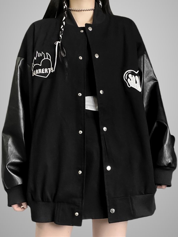 Unisex Heart Embroidered Oversize Jacket with PU Long Sleeve