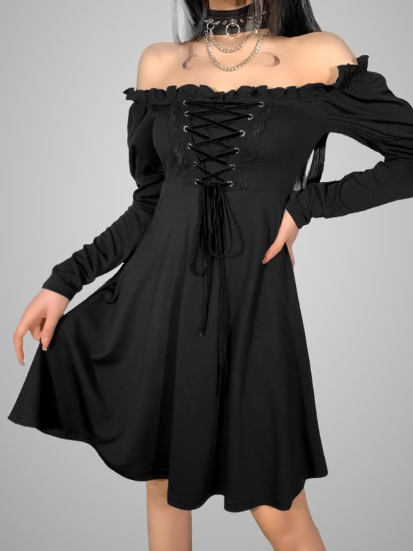 Dark Sexy Velvet Lace-up Designed Long Sleeve Off Shoulder Dress