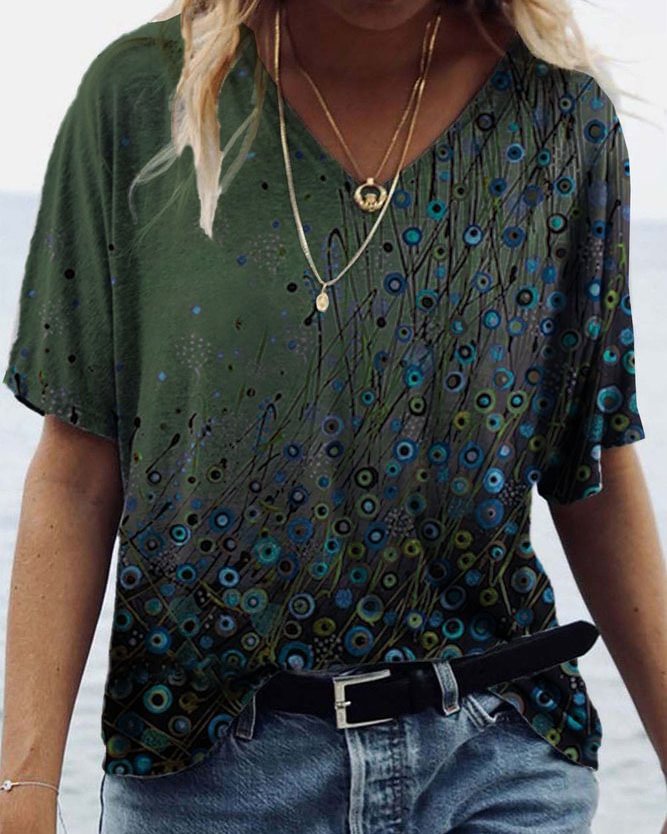 Women's Summer Vintage Floral Printed V-Neck Short Sleeve Shirts & Tops
