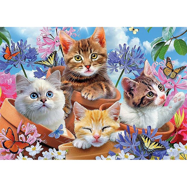Four Cat in Flower - Round Drill Diamond Painting - 40*30CM