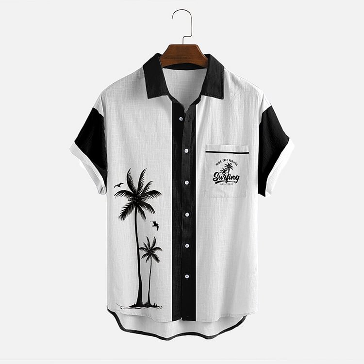 BrosWear Black And White Contrast Palm Tree Short Sleeve Shirt
