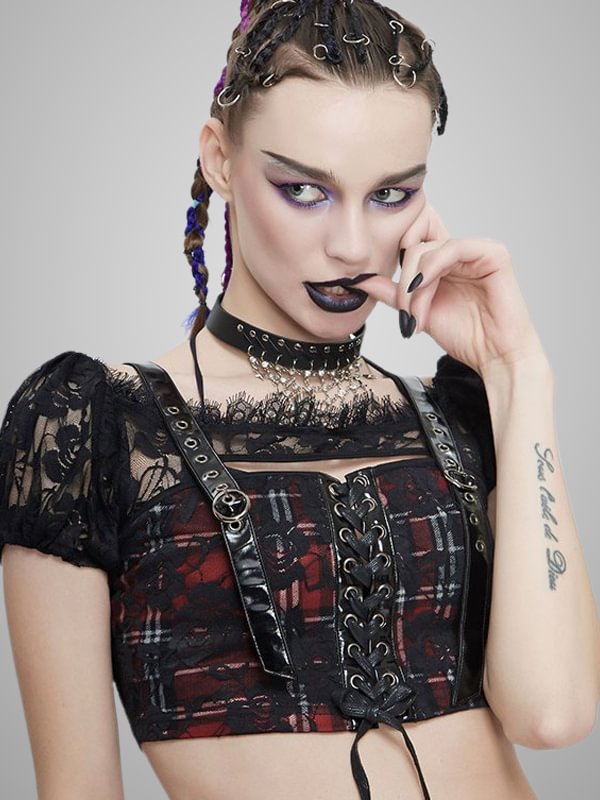 Dark Goth Vintage Lace Up Cutout Checkered Mesh Crop Top