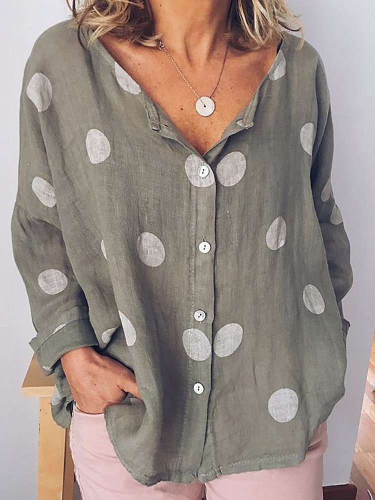 Women Polka Dots Buttoned Long Sleeve Casual Tops