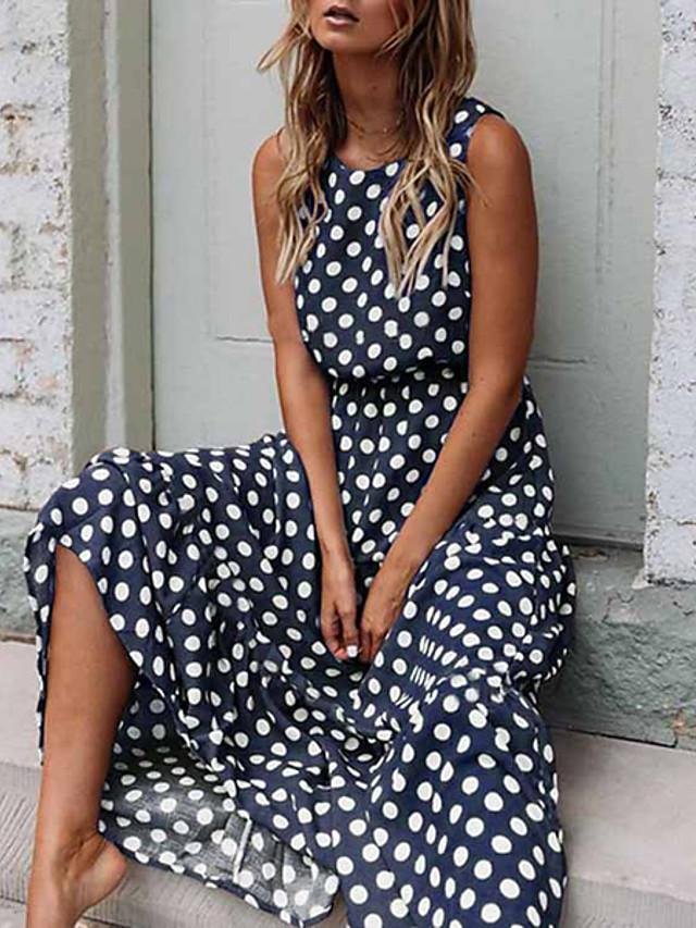 Women's Swing Dress Maxi long Dress - Sleeveless Polka Dot Spring & Summer Hot Elegant Slim 2020 Black Yellow Navy Blue Khaki Green S M L XL XXL-Corachic