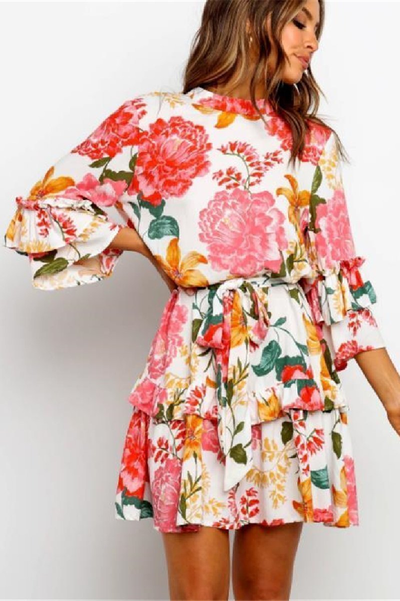 KarliDress Flounce Lace-Up Floral Print Mini Dress P12546