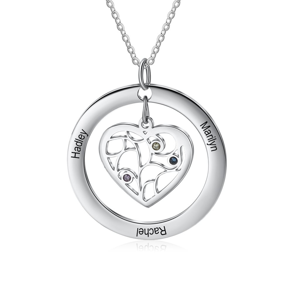 Personalized Heart Family Tree Necklace with 3 Names and 3 Birthstones