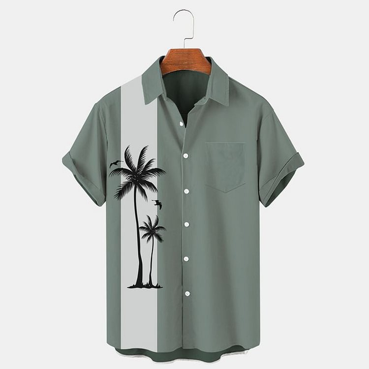BrosWear Grey-Blue Palm Tree Short Sleeve Shirt