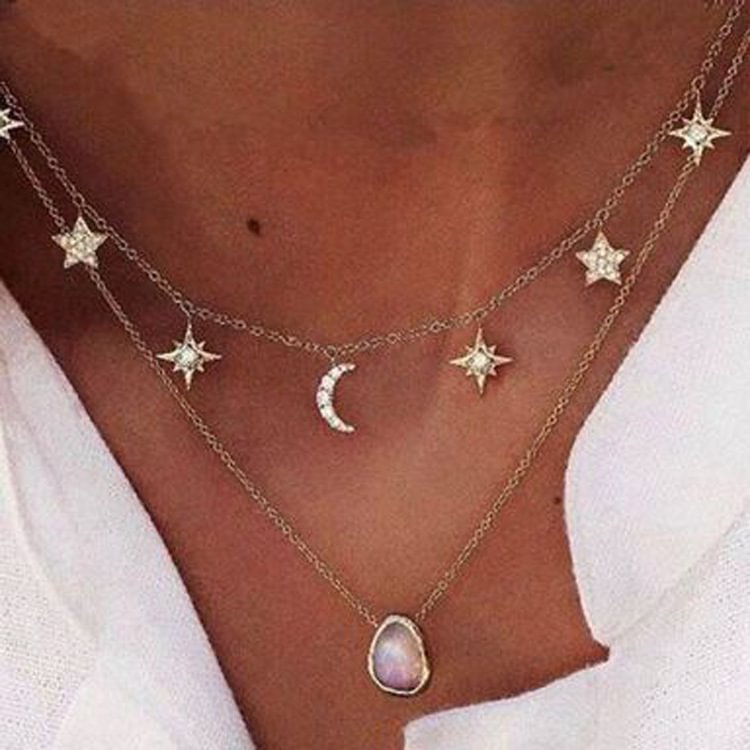 Minnieskull Simple five-pointed star moon gemstone necklace - Minnieskull