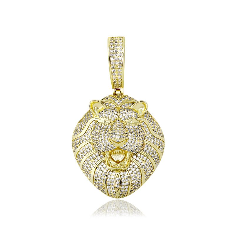 Iced Out 14K Gold Plated Necklace Cubic Zircon Lion Head Pendant-VESSFUL