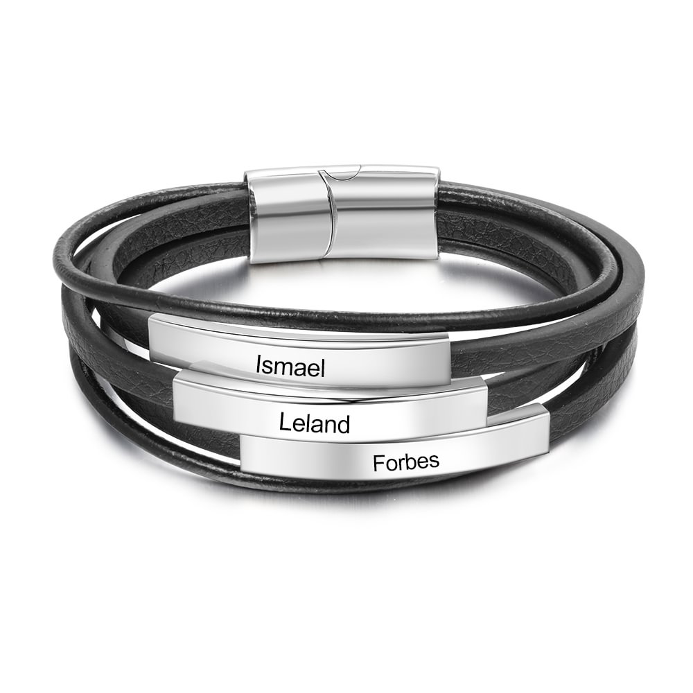 Personalized Engraved Mens 5 Strand Leather Bracelet with Triple Bar for Engraving
