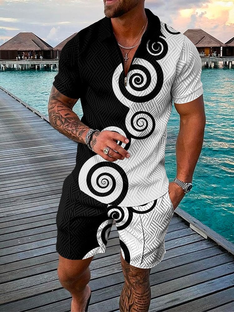 Men's Seaside Nostalgic Spiral Printed Polo Suit