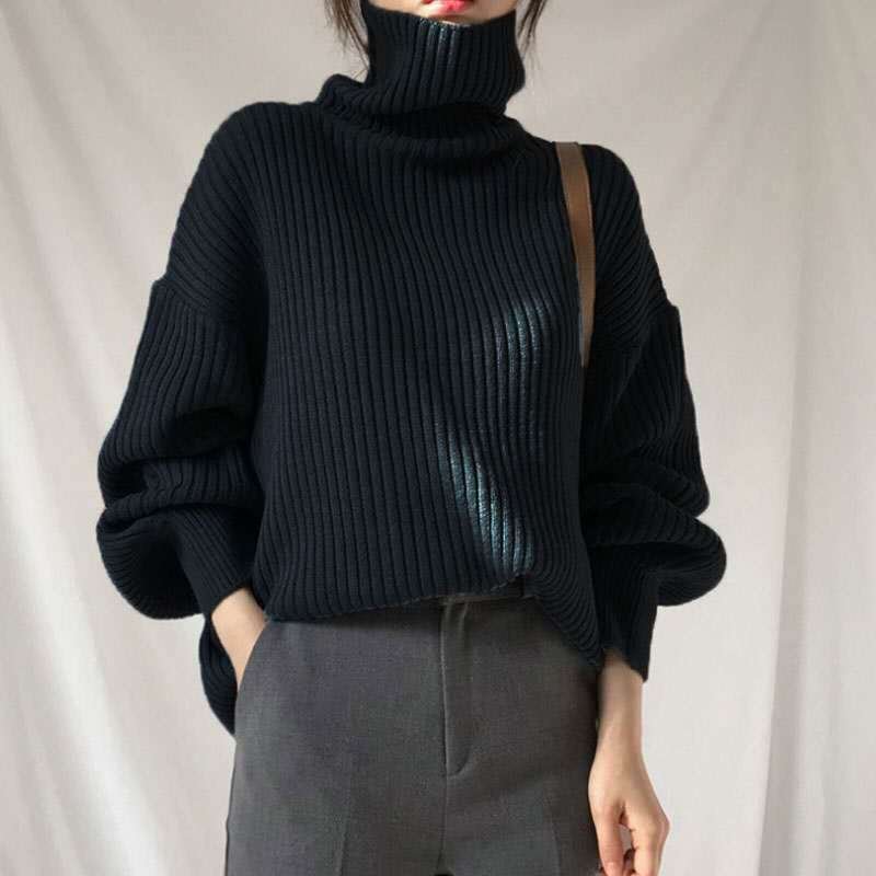 Chic Style Solid Color Turtleneck Lazy Leisure Long Sleeve Sweater-Corachic