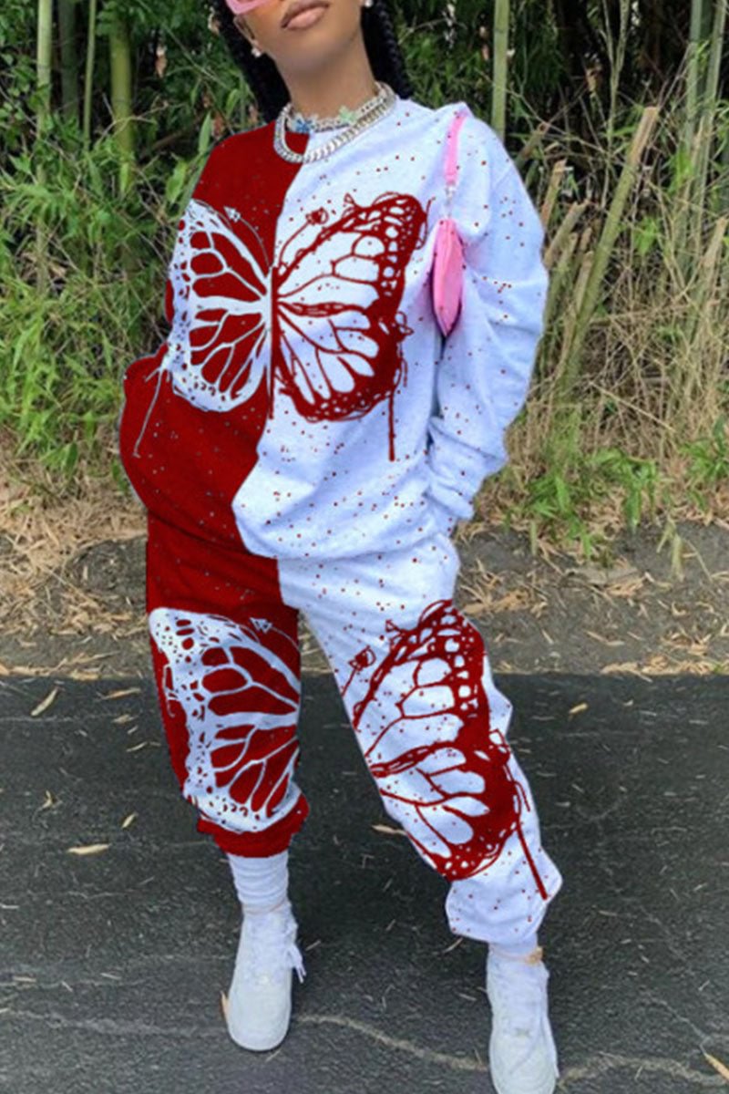 Plus Size Casual Butterfly Print Split Joint O Neck Long Sleeve Two Pieces Set - vzzhome