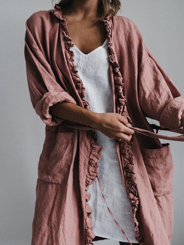 Ruffle Wrap Linen Kimono Robe-Mayoulove