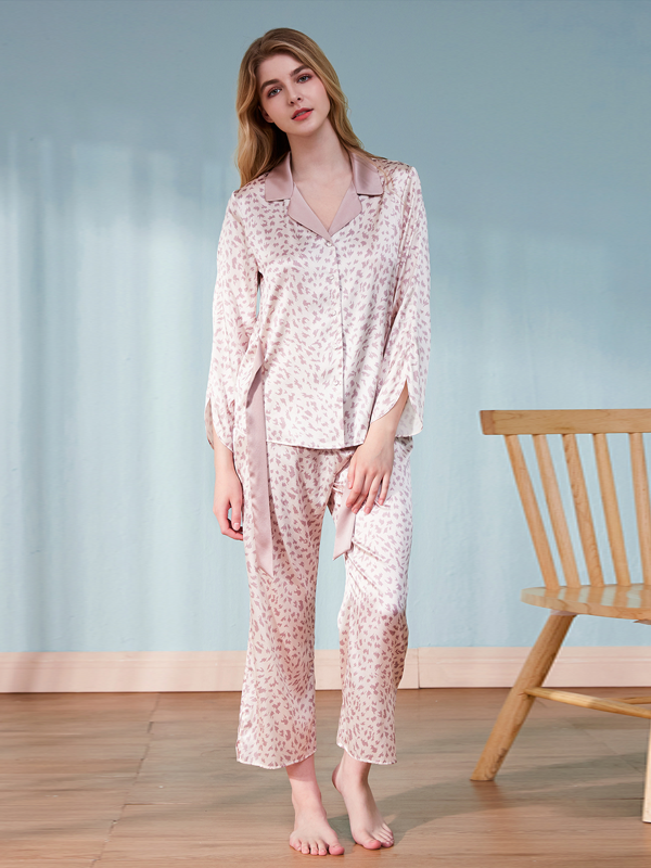 Casual V Neck Printed Silk Pajamas Set