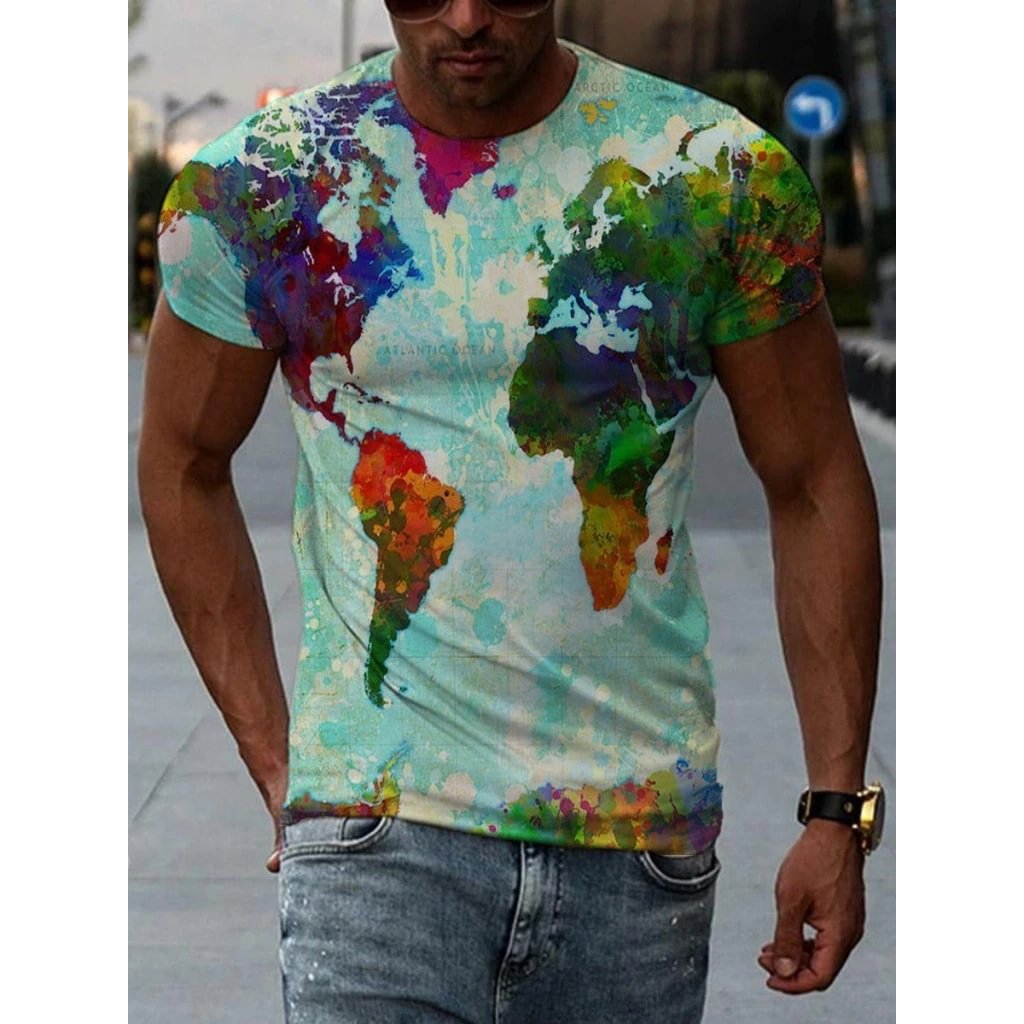 Mens Fashion Contrast Color Map Print T-shirt / [viawink] /
