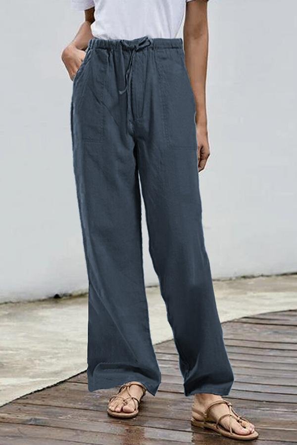 Solid Paneled Side Pockets Self-tie Casual Wide Leg Pants