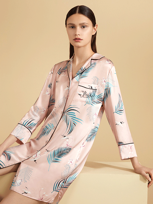 Palme Leaf Floral Sleep Shirt Silk Nightgown-Luxury Silk Life
