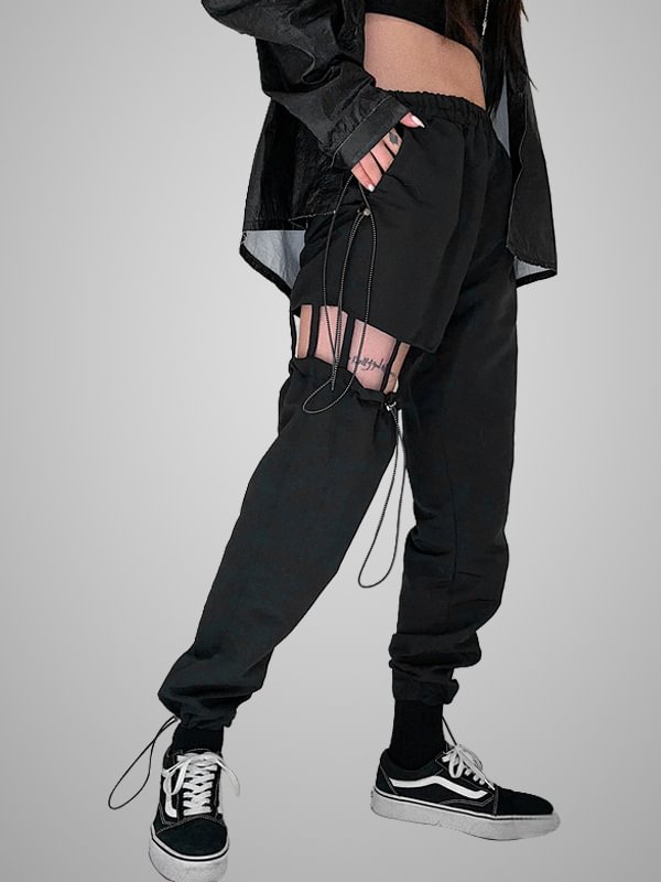 Hip-pop Style Casual Drawstring Suspended Cutout Ankle Banded Pants
