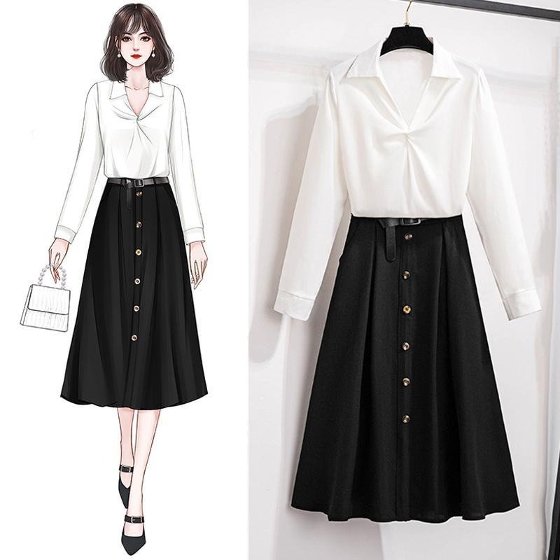 Fashion V-Collar Blouse+Belt Skirt P11743