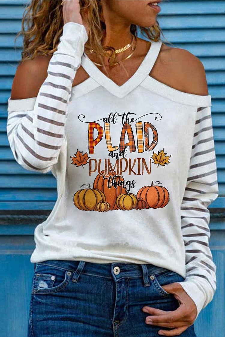 Women's T-shirts Pumpkin Letter Print Cold Shoulder T-shirt-Mayoulove