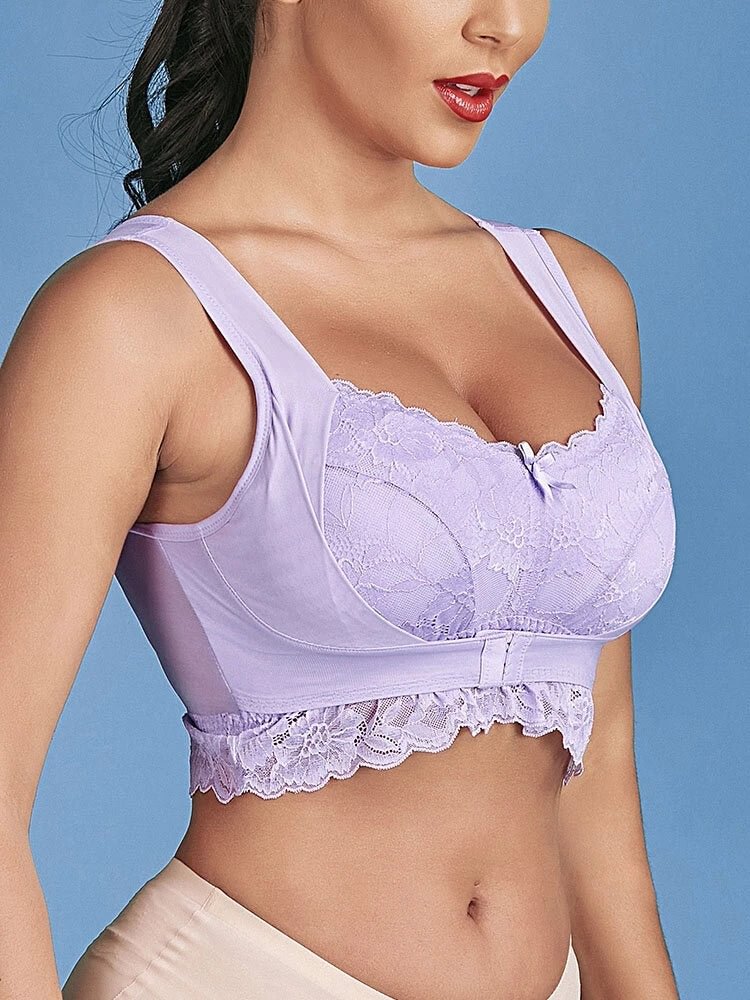 Lace Hook Front Bow Wide Straps T-Shirt Wire-Free Bra