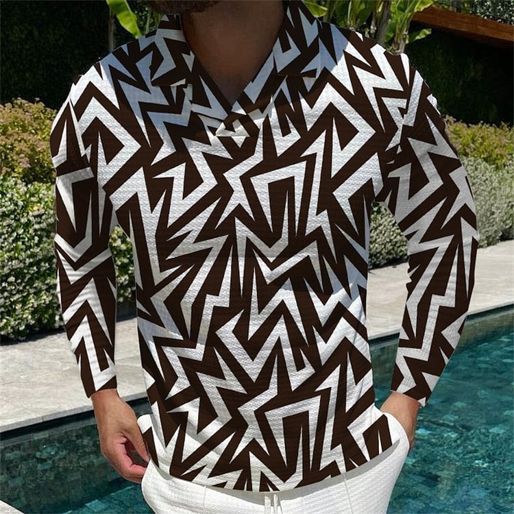 BrosWear Geometric Pattern Casual Long Sleeve Polo Shirt