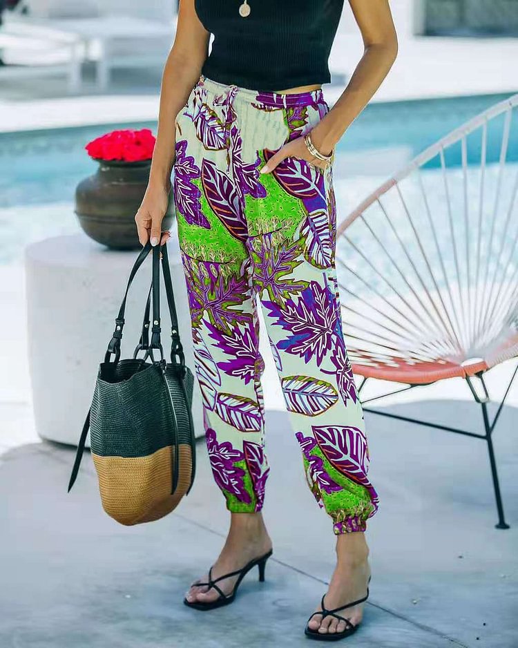Leaf Print Plus Size Casual Pants-Mayoulove