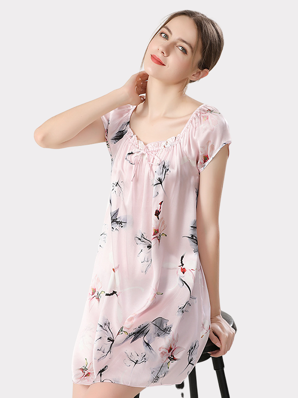 Pink Flower Print Silk Nightgown For Women