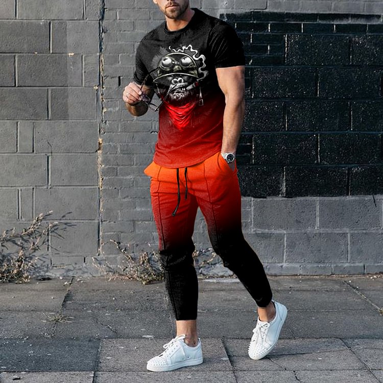 BrosWear Black Red Gradient Print Sports T-Shirt And Pants Two Piece Set