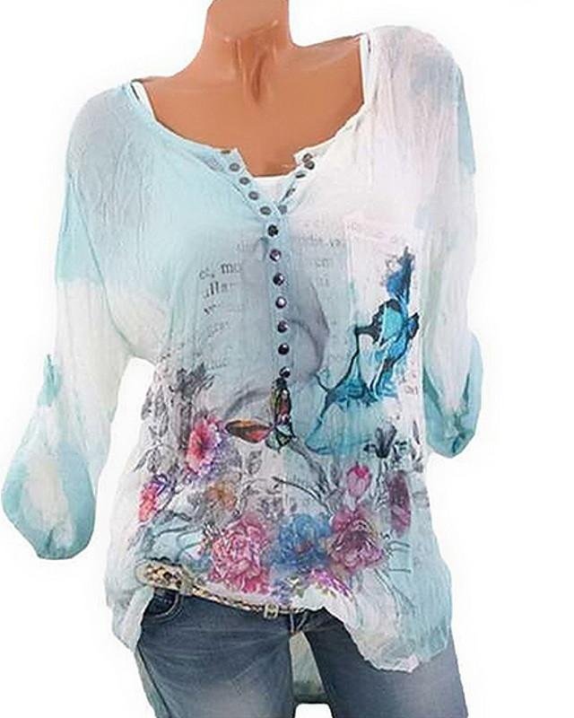Women's Plus Size Blouse Shirt Floral Flower Long Sleeve Print Round Neck Tops Casual Chinoiserie Basic Top Blue-0204804-Corachic