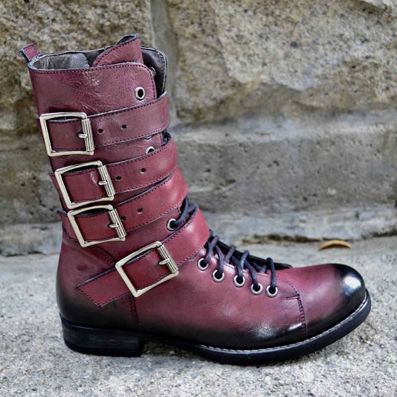 Men's Retro Buckle Handmade Leather High Boots-Corachic