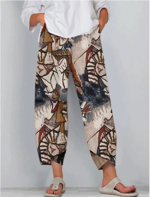 Women's Colorful Ethnic Style Loose Printed Linen Pants Wide-leg Pants Casual Pants Elastic Waist