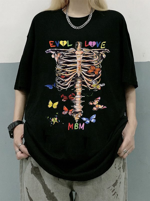 Skeleton & Colorful Butterflies Printed Loose T-shirt