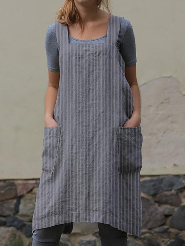 Vintage Cottage Home Garden Double Pockets Striped Apron Pinafore Dress-Mayoulove