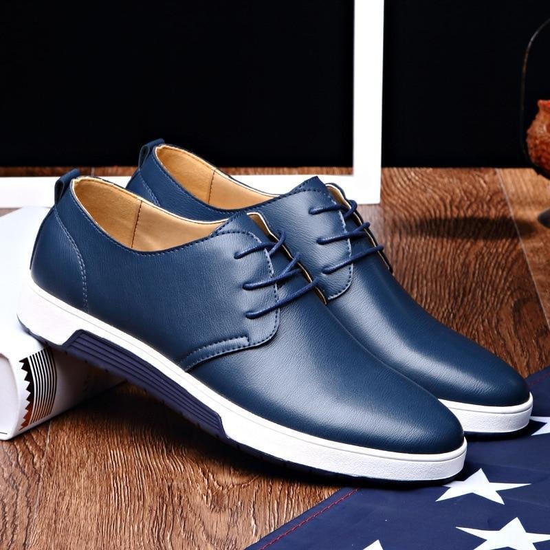 Men Shoes Casual Leather Fashion Trendy Black Blue Brown Flat Shoes-Corachic