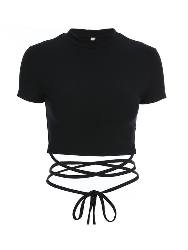 Sexy Lace Up Solid Color Crew Collar Short Sleeve Crop Top