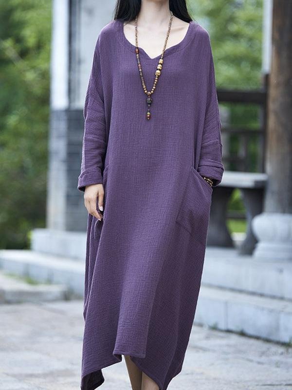 Ladies casual solid color cotton and linen dress-Mayoulove