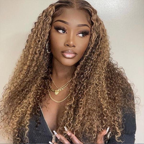 Golden Brown 10-38 inch Kinky Curly Wigs,13×4 hand-woven lace wig