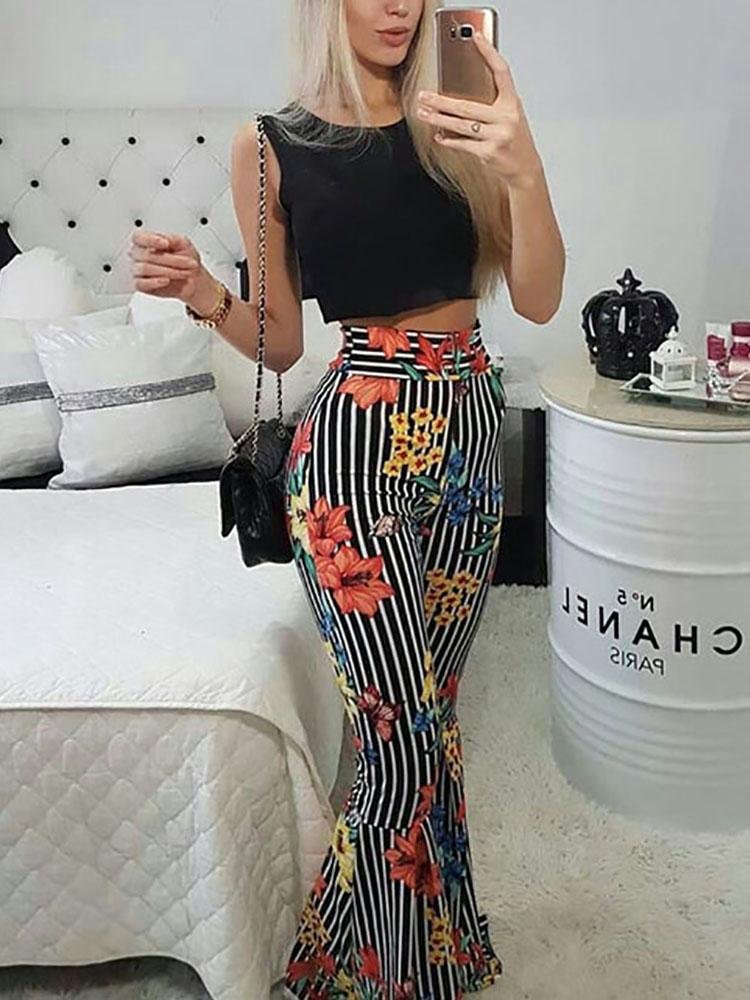 Striped Floral Flared Pants With Crop Top Set P15570