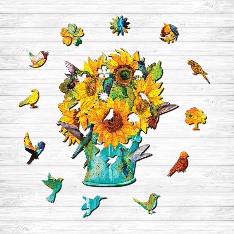Jeffpuzzle™-JEFFPUZZLE™ Hummingbirds Feeding on Sunflower Wooden Puzzle