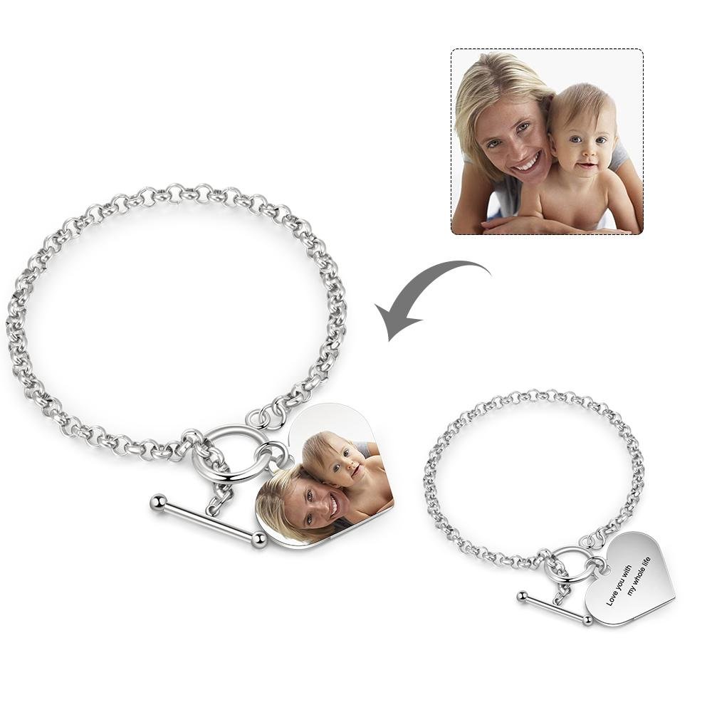 Custom Bracelets with Heart Photo Pendant Personalized with Engraving