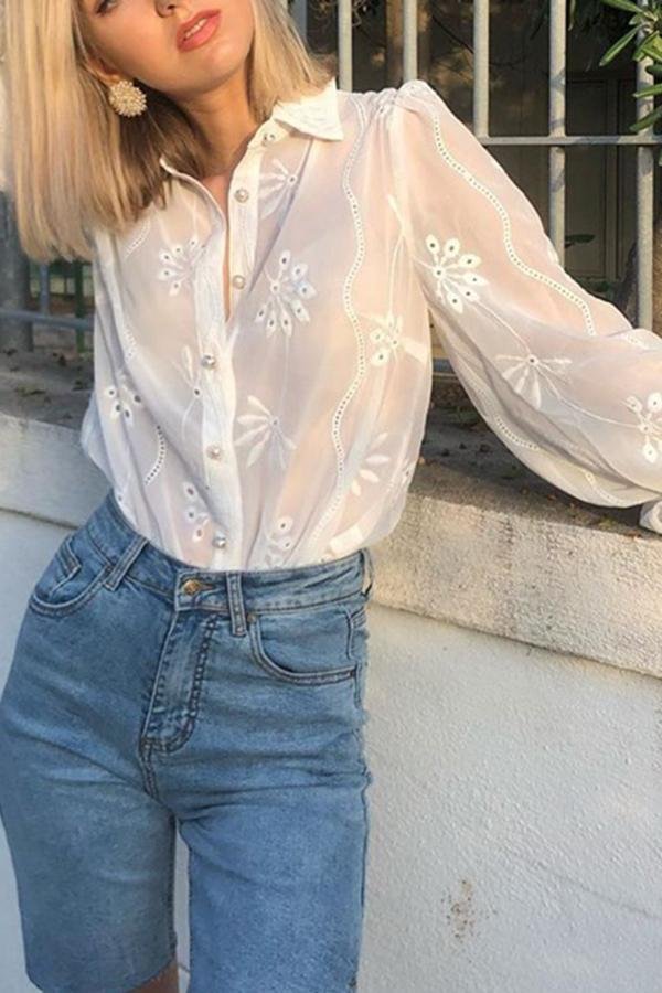 Embroidered Flower Bubble Long-sleeved Shirt-Allyzone-Allyzone