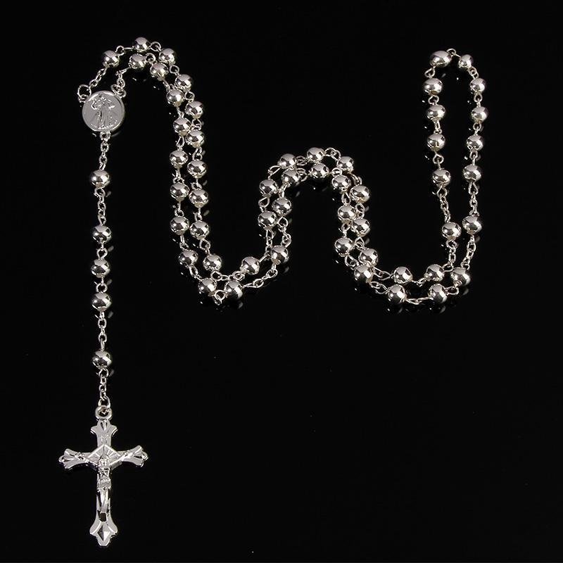 6MM Imitation Gold Iron Jesus Cross Bead Rosary Necklace-VESSFUL