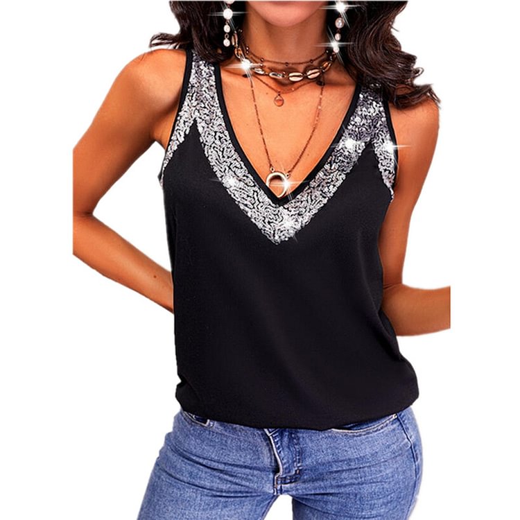 Women's Solid Color Beaded Sleeveless Vest T-shirt Top