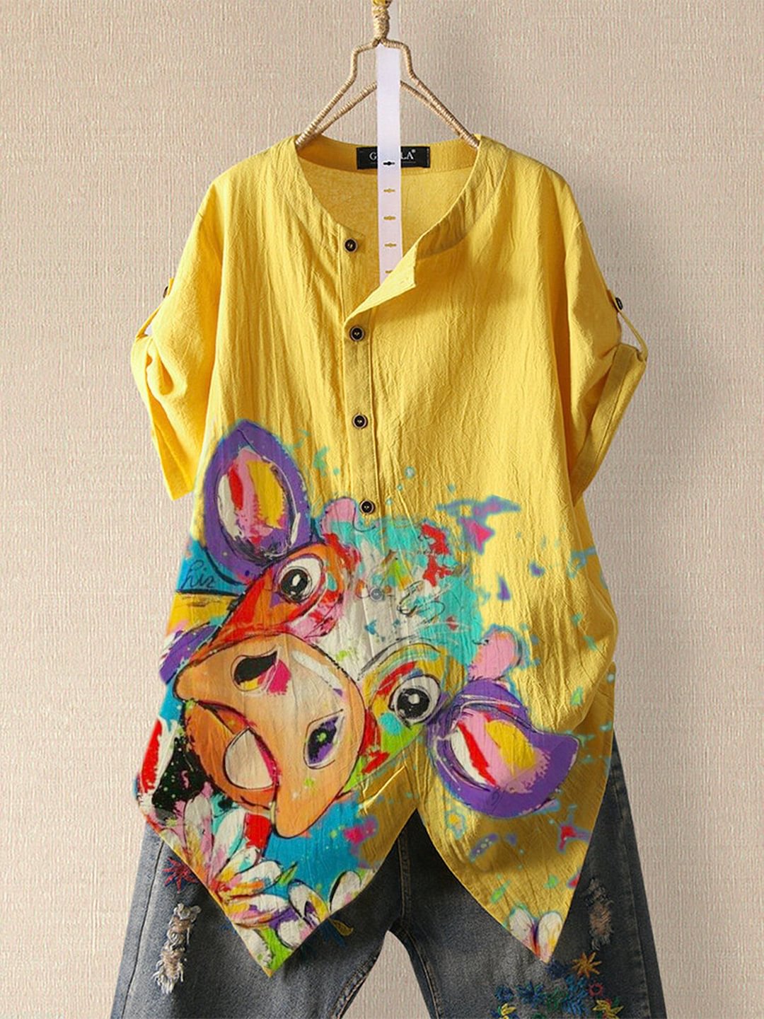 Yellow Casual Cotton-Blend Shirts & Tops-Corachic